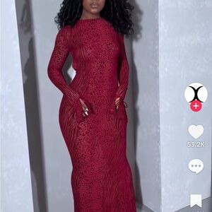 Long Sleeve Red Animal-Print Maxi Dress